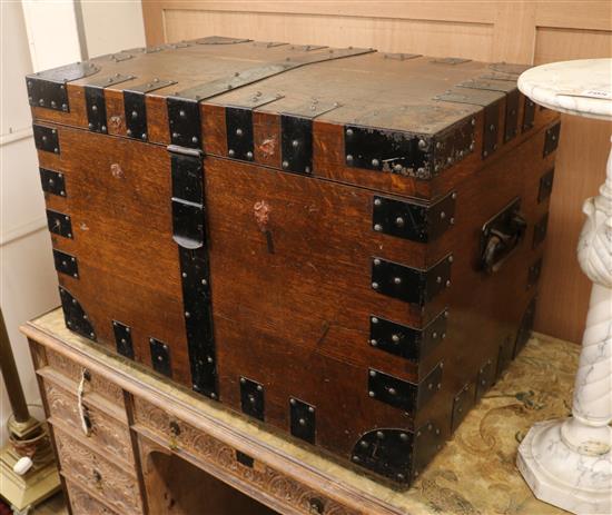 An iron mounted oak silver chest W.82cm